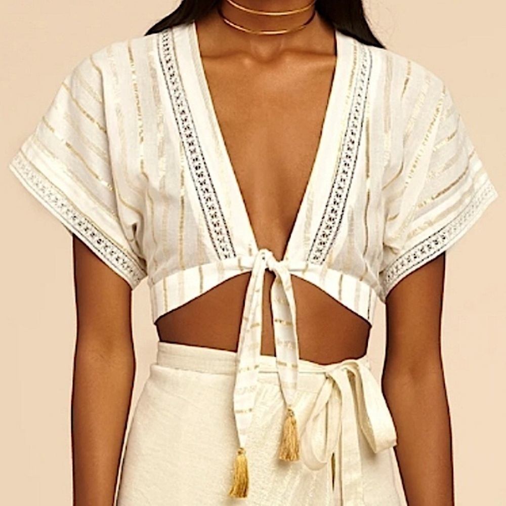 Miguelina Saanchi Cropped Striped Metallic Cotton Gauze Tie Front Tassel Top S‎